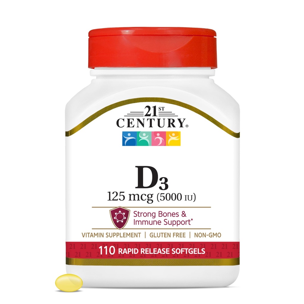 21st Century Healthcare Vitamin D3 125 mcg (5,000 UI) Rapid Release Softgels, 110 Conde