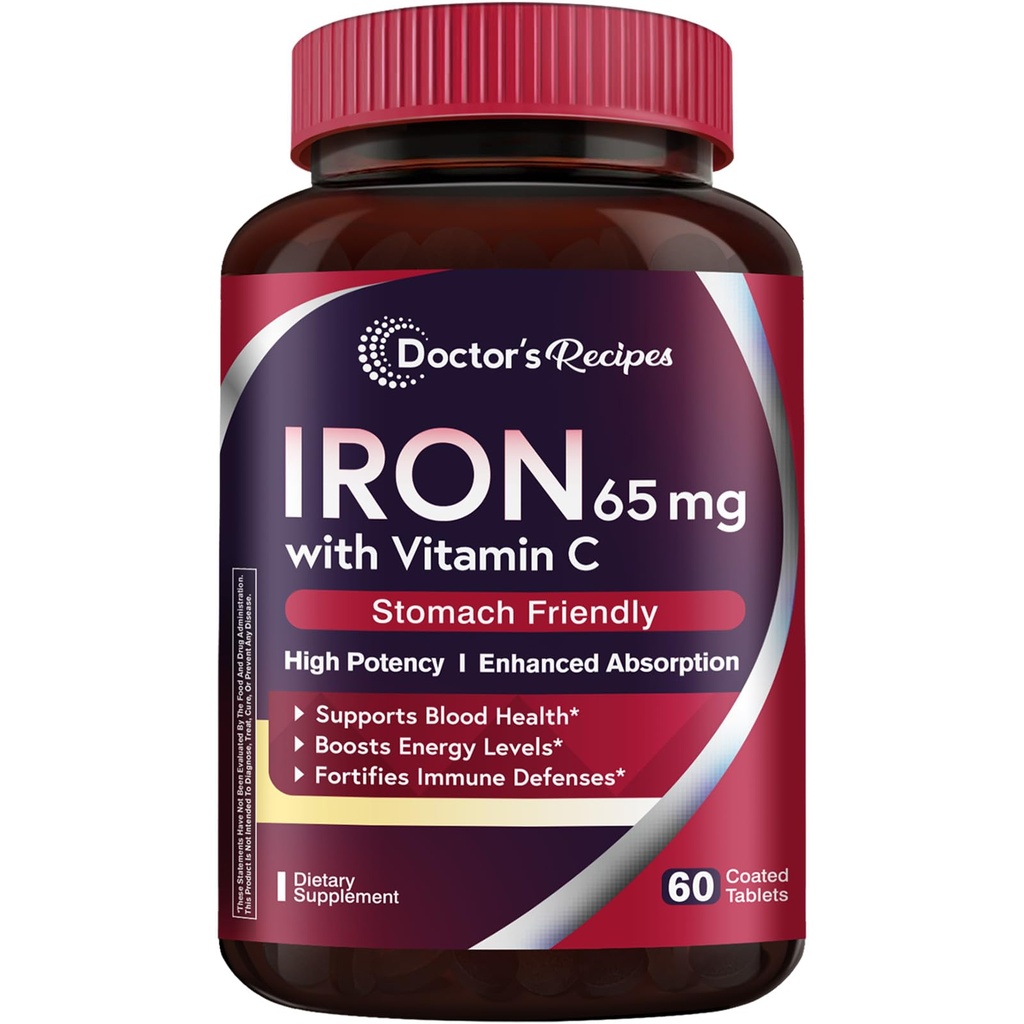 Recetas del médico Suplemento de hierro 65 mg con vitamina C - Absorción máxima, píldoras de hierro de alta potencia para células de sangre roja Formación " Salud de inmunidad - Vegan no GMO 60 tabletas de hierro