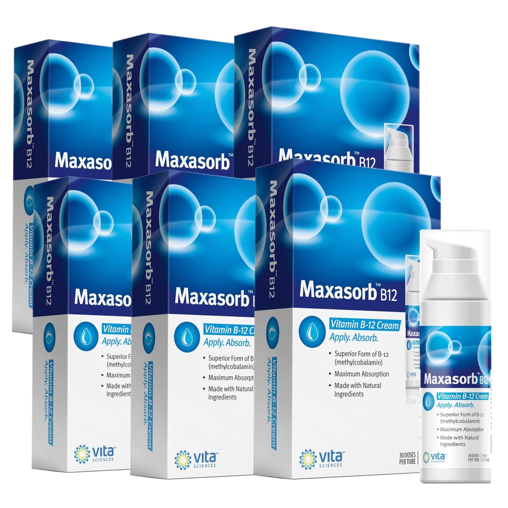 Vita Sciences Maxasorb B12 Vitamina B-12 Crema 1000 mcg: potente Metilcobalamina tópica para la energía, la salud y la piel de la guanición - Pack de 6