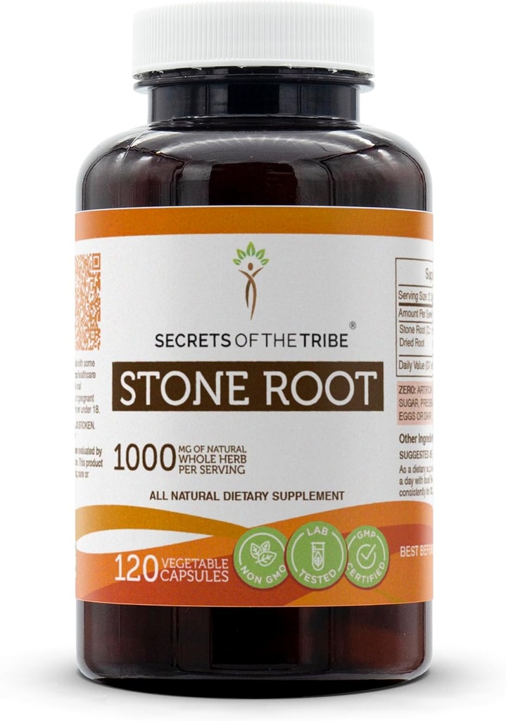 Secrets of the Tribe Stone Root 120 Capsules, 1000 mg, resistentemente cultivado Stone Root (Collinsonia Canadensis) Root seco (120 cápsulas)