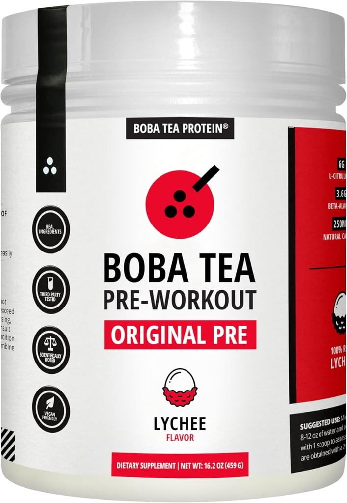 Boba Tea Pre-Workout Powder | Lychee Flavor | 125-250mg Caffeine | L-Citrulline, Beta Alanine, Alpha-GPC | Real Ingredients | Premium Pre Workout Powder for Men and Women | 20-40 Servings
