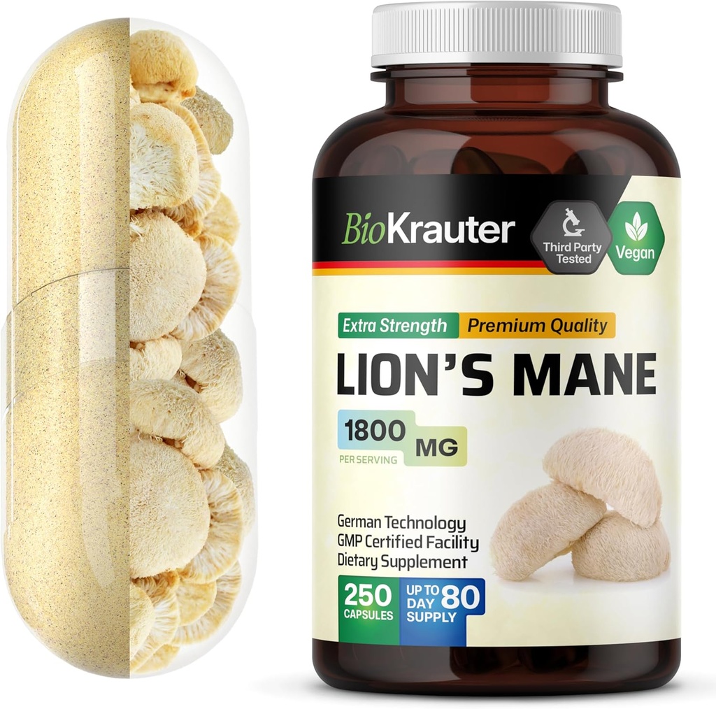 BIO KRAUTER Lions Mane Supplement Capsules 1800 mg - 250 Conde - Vegan Lions Mane Powder Suplemento de apoyo cerebral - 3 Mes de suministro - No Fillers