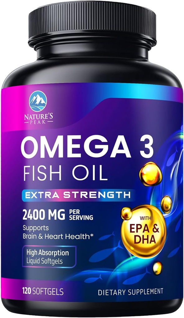 Omega 3 Fish Oil 2400 mg Suplemento, Fuente sostenible, Triple fuerza Omega-3 Suplemento Softgels, Brain Health Support, EPA & DHA Fish Oil Fatty Acids Suplementos, Gluten & GMO Free, 120 Softgels