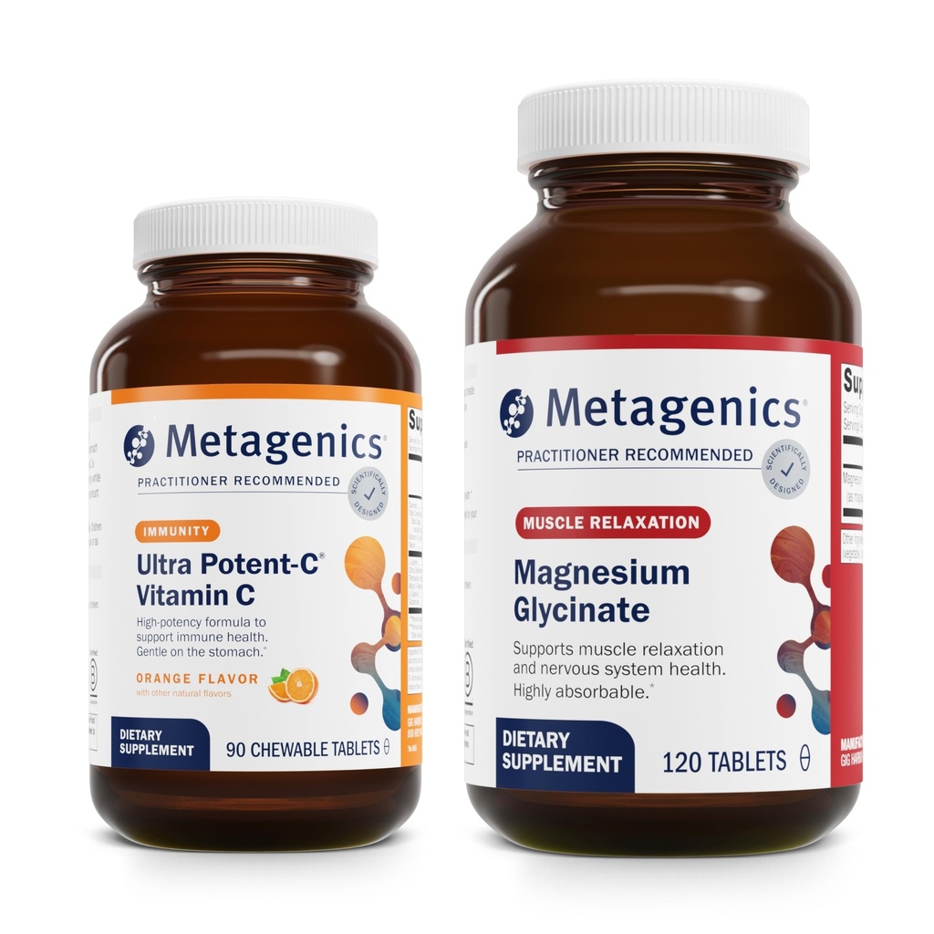 Metagenics Bundle - Ultra Potent-C Chewable &amp; Magnesium Glycinate - 90 Tablets of Ultra Potent-C Chewable for Immune & Antioxidant Support - 120 Tablets of Mag Glycinate for Nervous System Support
