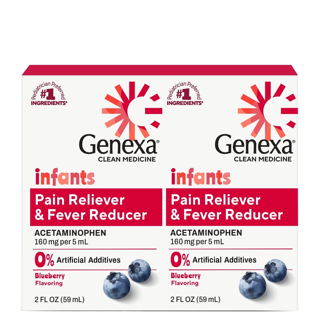 Genexa Infants' Clean Acetaminophen TEN Pediatrician Preferred Ingredients ¦ Doin Reliever " Fever Reducer for Babies TEN Dye Free, 0% Artificial Additives TEN Organic Blueberry Flavor, 4 fl oz (2 Pack)