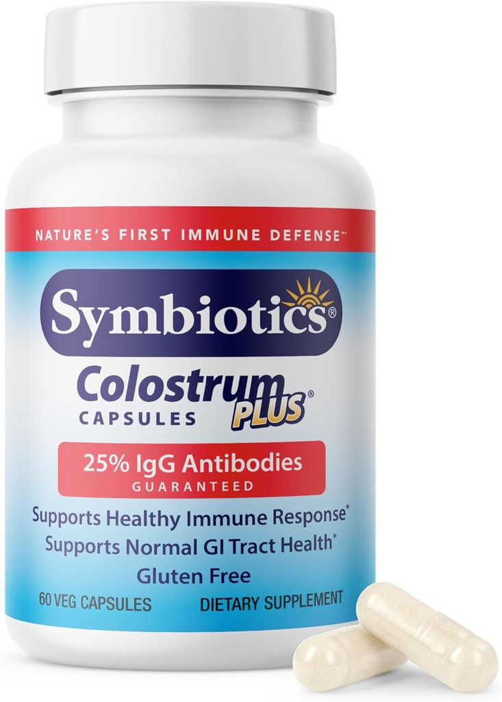 Symbiotics Colostrum 60ct Vegetable Capsules - Immunity Support - Lactoferrin Supplement & Colostrum Protein with Immunoglobulin - 25% lgG Anticuerpos - Gluten Free