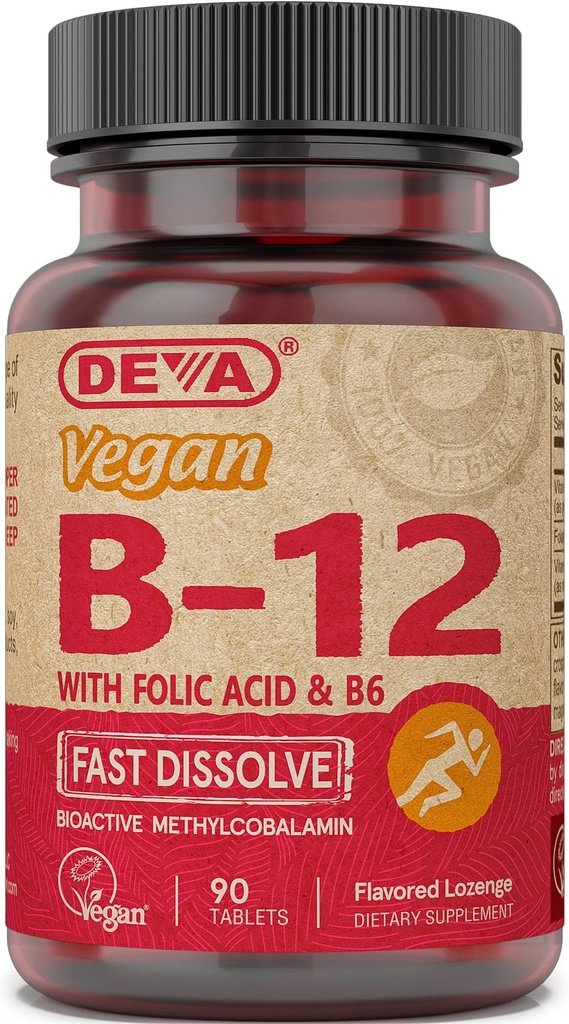DEVA Vegan Vitamina B12 Fast Dissolve Supplement - Once-Per-Day Complex with 1000 Mcg Methylcobalamin B12, Folic Acid, B6 - Lemon Flavor - 90 Dissolvable Tablets,