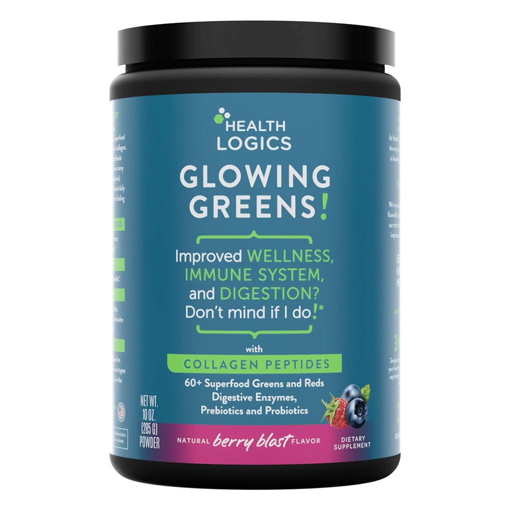Lógicas de salud Glowing Greens Superfood Powder with Collagen Peptides, Enzymes Digestivos, Prebióticos y Probióticos – Antioxidante, Mejorar Wellness, Immune, Digestive y Gut Health Support