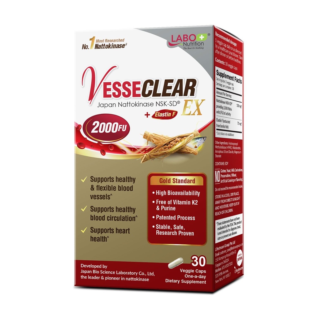 LABO Nutrition VesseCLEAR EX: Nattokinase NSK-SD+Elastin F for Clean &amp; Flexible Blood Vessel. La mayoría de la investigación de Japón Provenida, Dose funcional, Acid-Resistant/Delayed Release Capsules