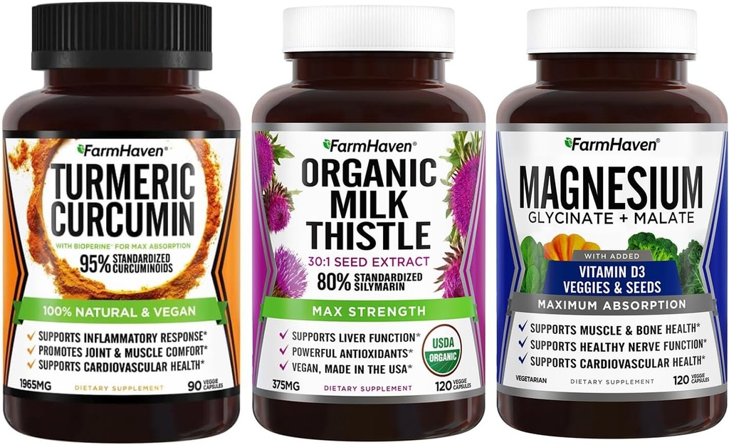 FarmHaven Milk Thistle Capsules + Curcumin Turmeric con BioPerine Black Pepper Magnesium Glycinate " Malate