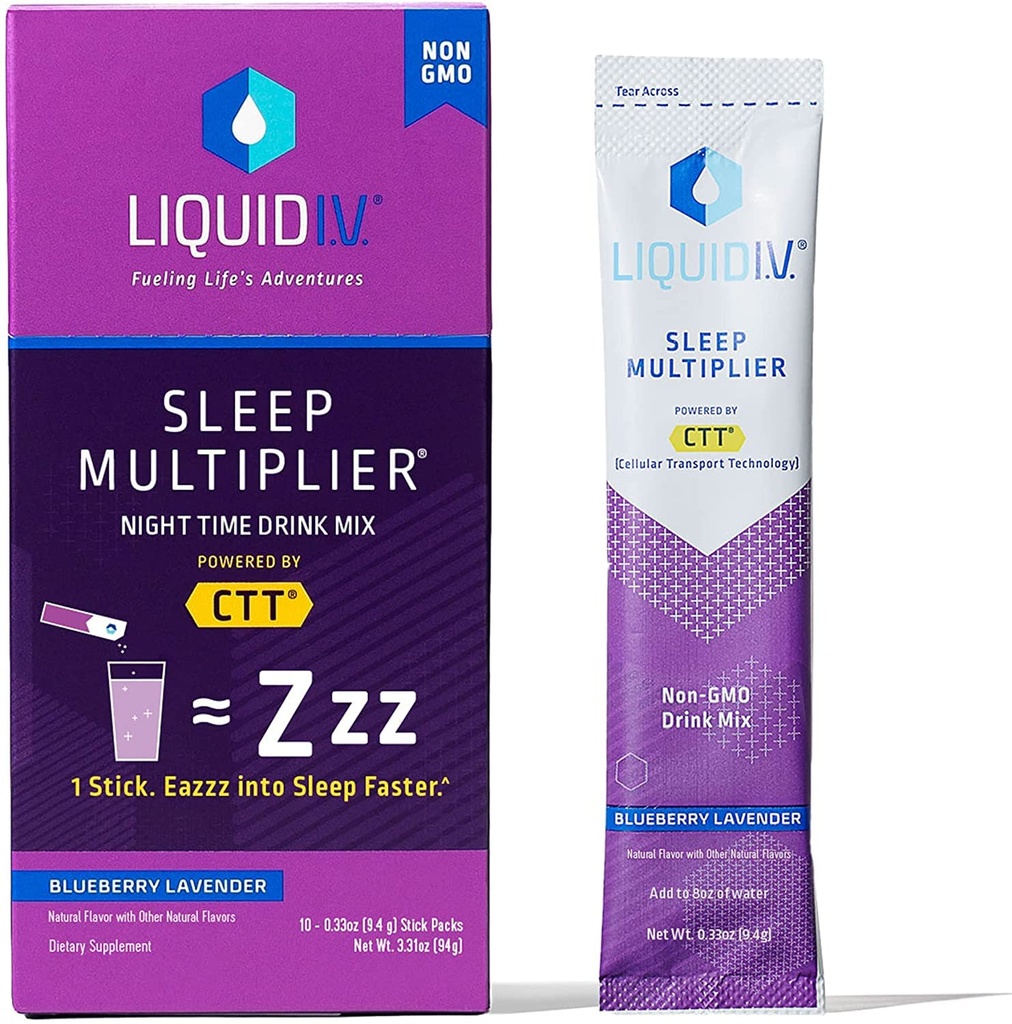Liquid I.V.® Hydration Multiplier® +Sleep - Blueberry Lavender - Electrolyte Powder Drink Mix Packets ← Conveniente Single-Serving Sticks ← Non-GMO ← 10 Servings (Pack of 1)