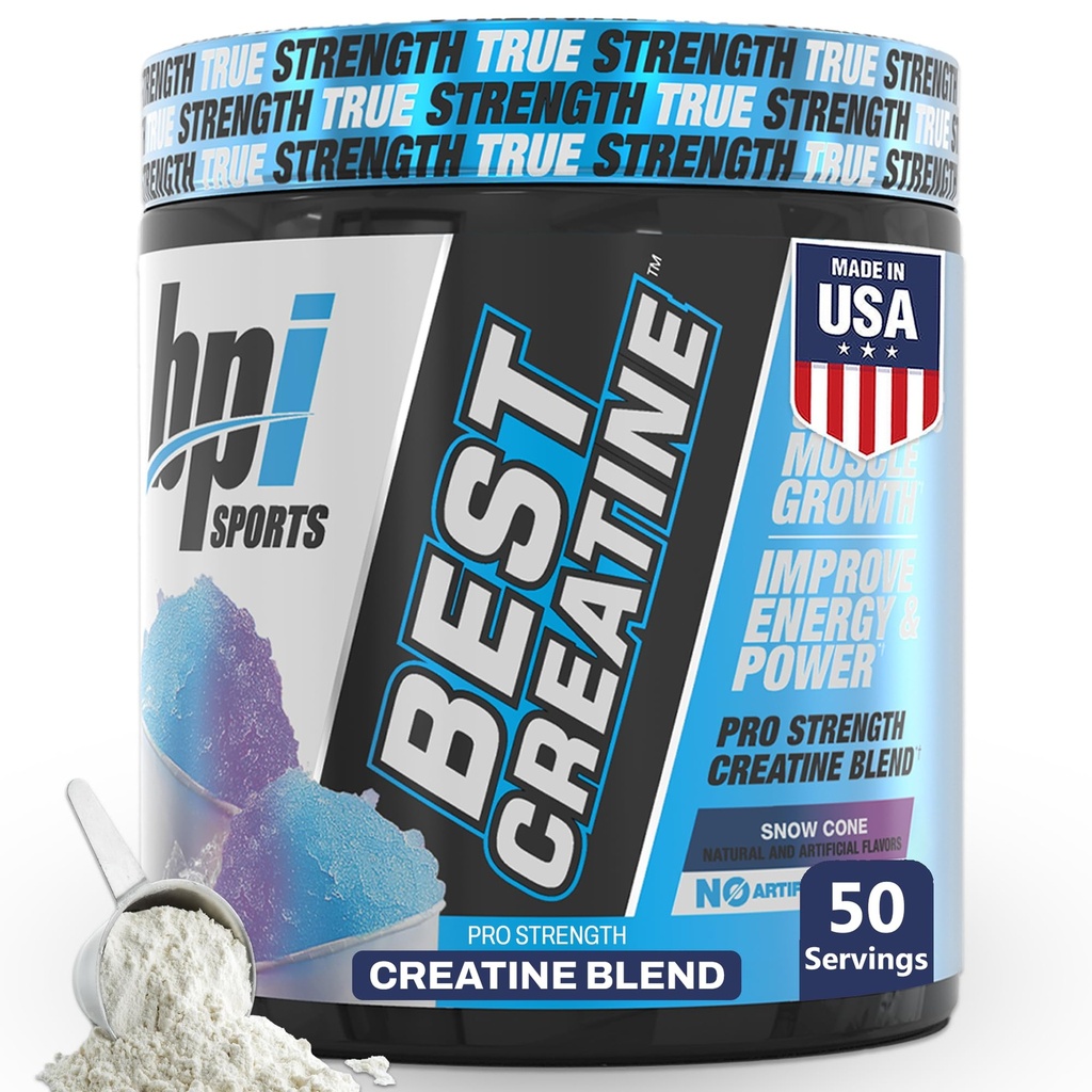 BPI Sports Best Creatine - Creatine Monohydrate Powder for Men &amp; Women, Himalayan Salt - Strength, Pump, Endurance, Muscle Growth, Muscle Definition - No Bloat - Snow Cone - 50 porciones - 10.58 Oz