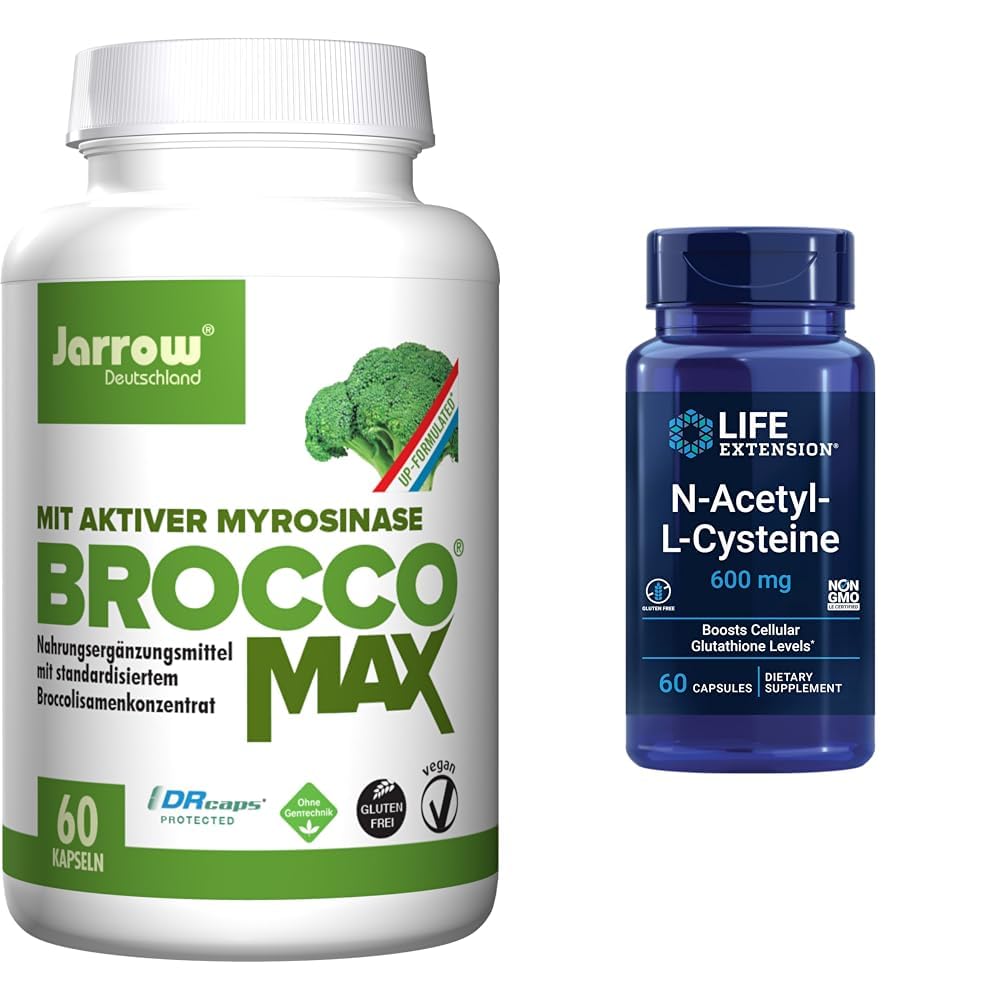 Jarrow BroccoMax Sulforaphane Generator y Life Extension N-Acetyl-L-Cysteine Immune &amp; Respiratory Support Bundle, 60 Cuenta cada uno