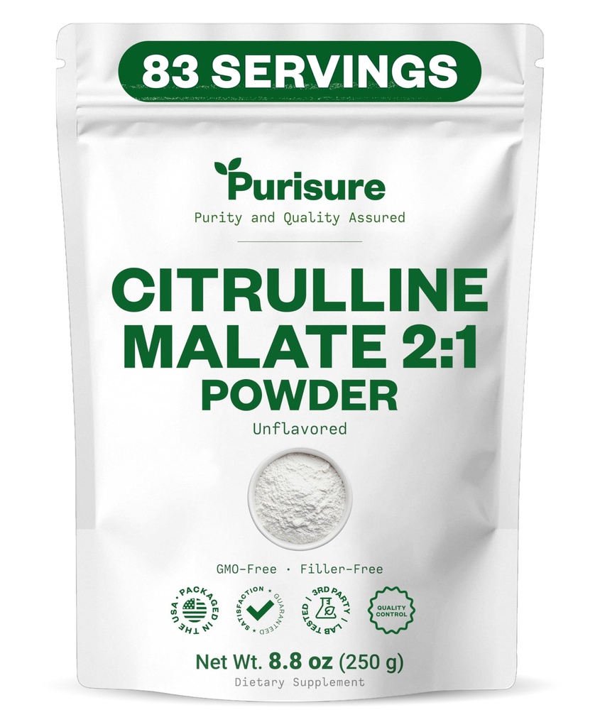 Purisure L-Citrulline Powder 250g, Premium Citrulline 2:1 Malate Supplement for Strength Performance and Energy, Pre-Workout Citrulline Malate Powder - Enhance Muscle Pumps and Recovery - 83 Servimientos