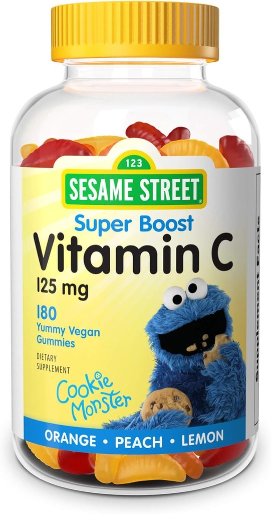 Webber Naturals Sesame Street Vitamin C Gummies for Kids 2+, 125 mg de Vitamina C per Gummy, 6 Mes de Oferta, Libre de Gluten, Dairy, Peanut & Gelatin, Immune Support, 180 Gummies