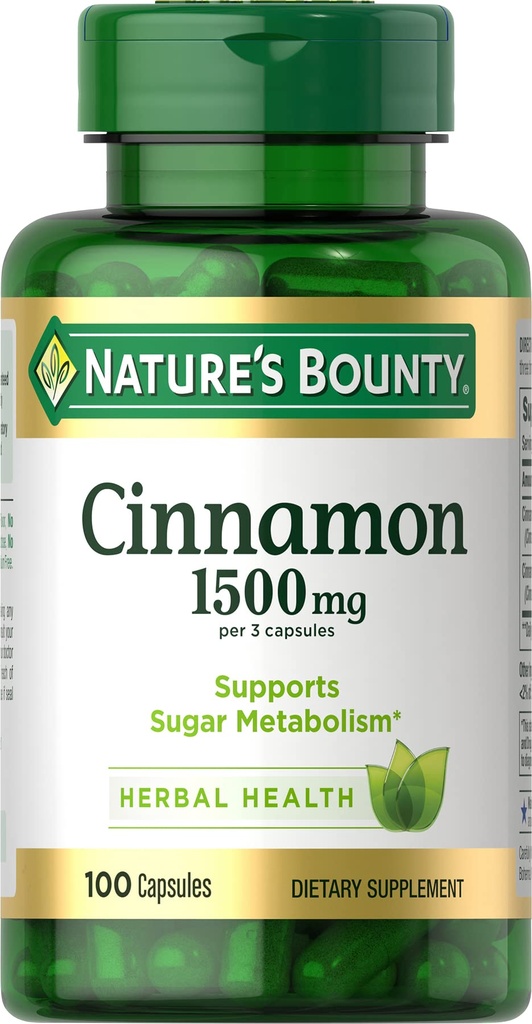 Las cápsulas de canela de rebote de la naturaleza, suplemento herbal, apoya el metabolismo del azúcar, 1500 mg, 100 cápsulas