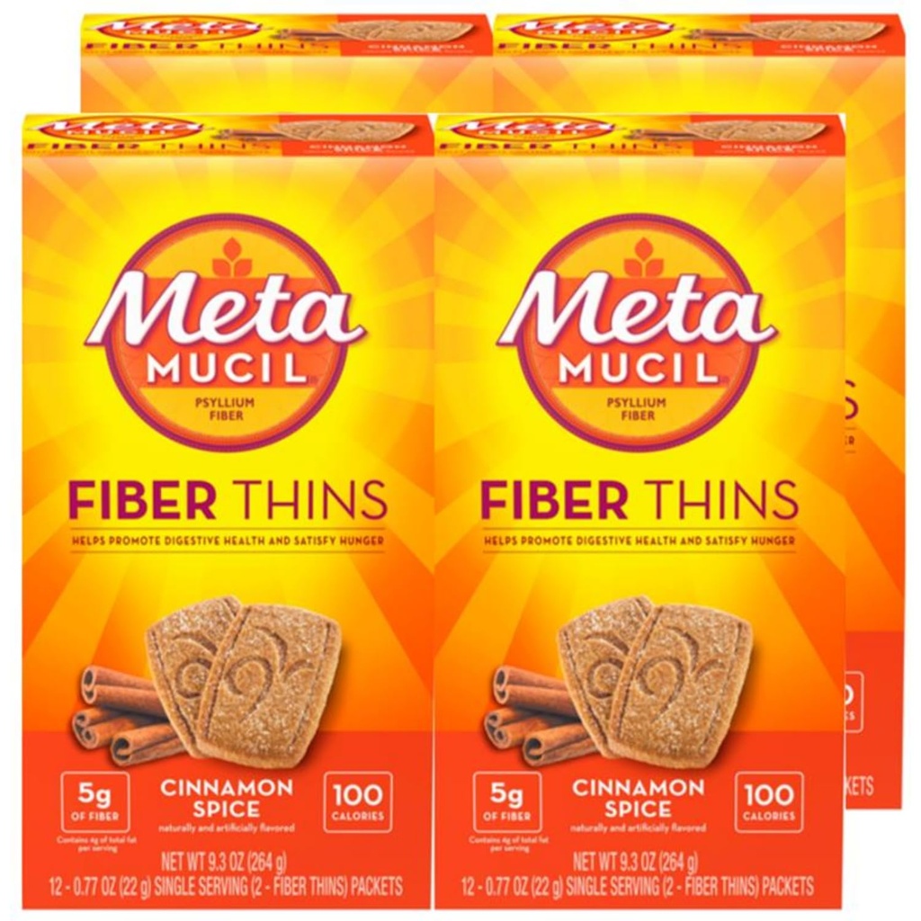 Pantalones de fibra de metamucil, Snack de suplemento diario de fibra, Psyllium Husk Powder, 5g Fiber per Serving, soporta salud digestiva y Satisfios hambre, sabor de especia de canela, paquete de 4, 12 Servi cada uno
