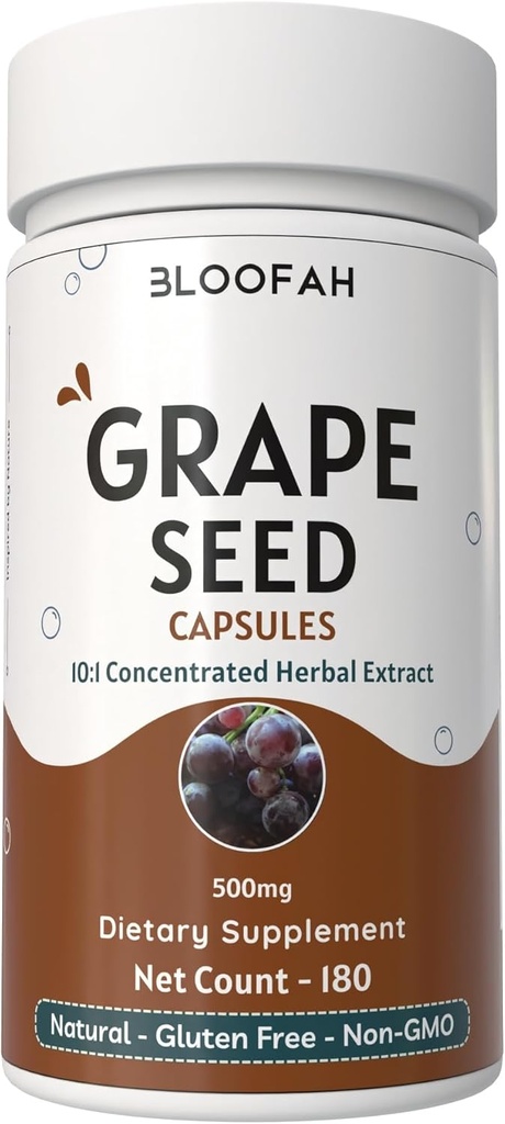 Cápsulas de semillas de uva 500mg ANTE Vitis vinifera Concentrada 10:1 Extracto Polvo Silencio Natural Suplemento Herbal, Non-GMO, Fórmula Libre de gluten (180 Cuentas)