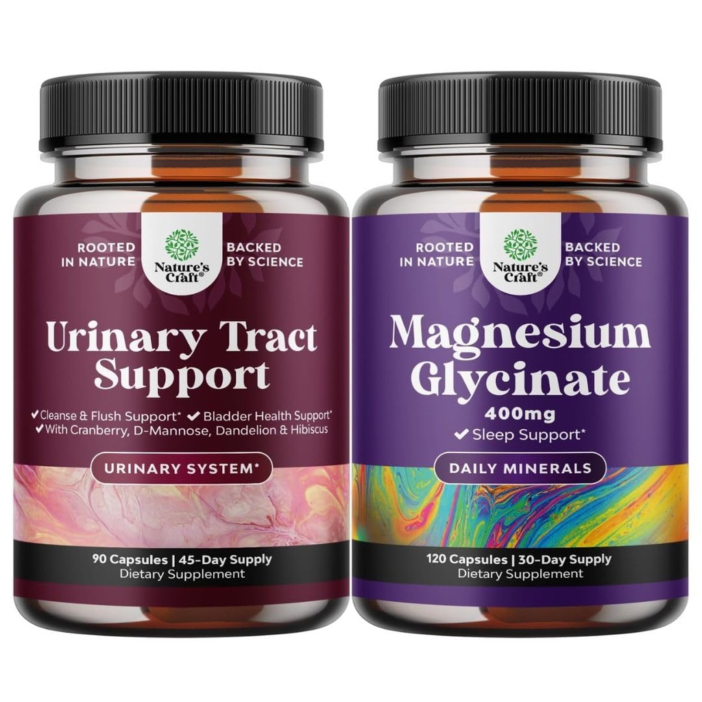 Bundle of D Mannose Capsules for Urinary Tract Health for Women Fast Acting Super Concentrated Cranberry 90ct and Pure Magnesium Glycinate 400mg Por Serving for Mood Sleep and Relaxation