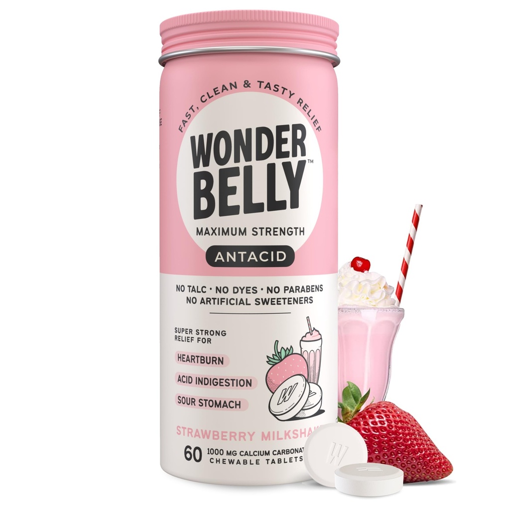 Wonderbelly Antacid, Effective Heartburn and Instant Acid Indigestion Relief, Extra Strength Chewable Tablets, 1000 mg Calcium Carbonate, No Talc or Dye, Strawberry Milkshake, 60 Conde