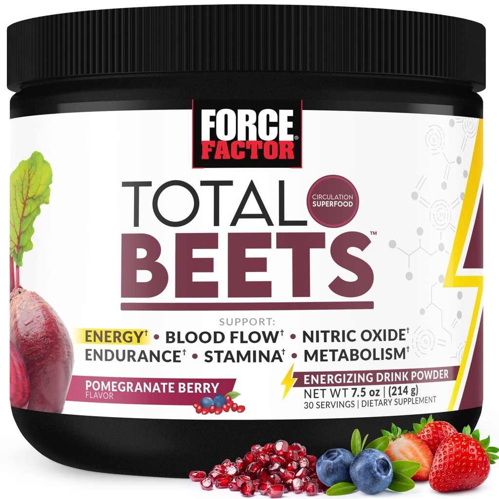 Factor de fuerza Total Beets Energy Drink Mix, Superfood Beet Root Powder with Nitrates to Boost Energy and Support Circulation, Blood Flow, Nitric Oxide and Stamina, Heart Health Supplement, 30 Servings