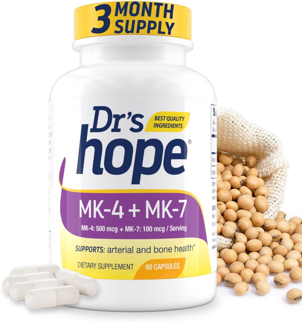 Vitamina K2 MK7 con vitamina K2 MK4, de 3 meses de suministro de alta potencia K2 Suplemento de vitamina MK-7 para la salud ósea y la salud cardiovascular, 90 cápsulas veganos, hechos en los EE.UU.