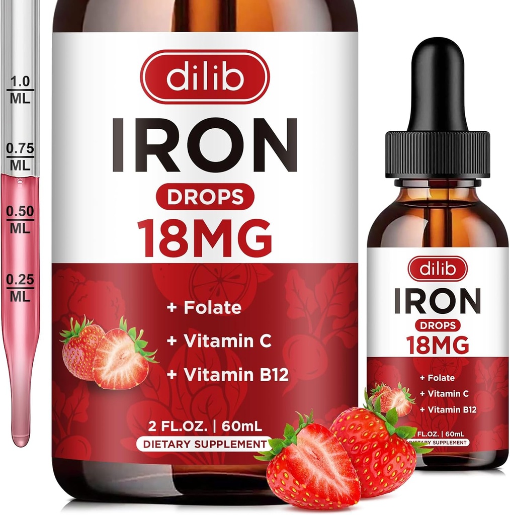 Suplemento de hierro líquido para mujeres & hombres gotas de hierro Suplementos de hierro para la anemia con folato, vitamina C, B12 para la célula de sangre roja Apoyo-Strawberry, 2 Fl Oz