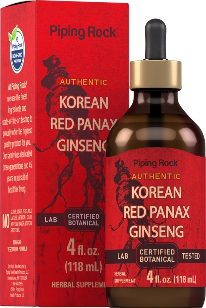 Piping Rock Korean Red Ginseng Liquid Extract ← 4 Fl Oz ← Panax Root Extract ← Alcohol Free Tincture ← Vegetarian, Non-GMO, Gluten Free Supplement