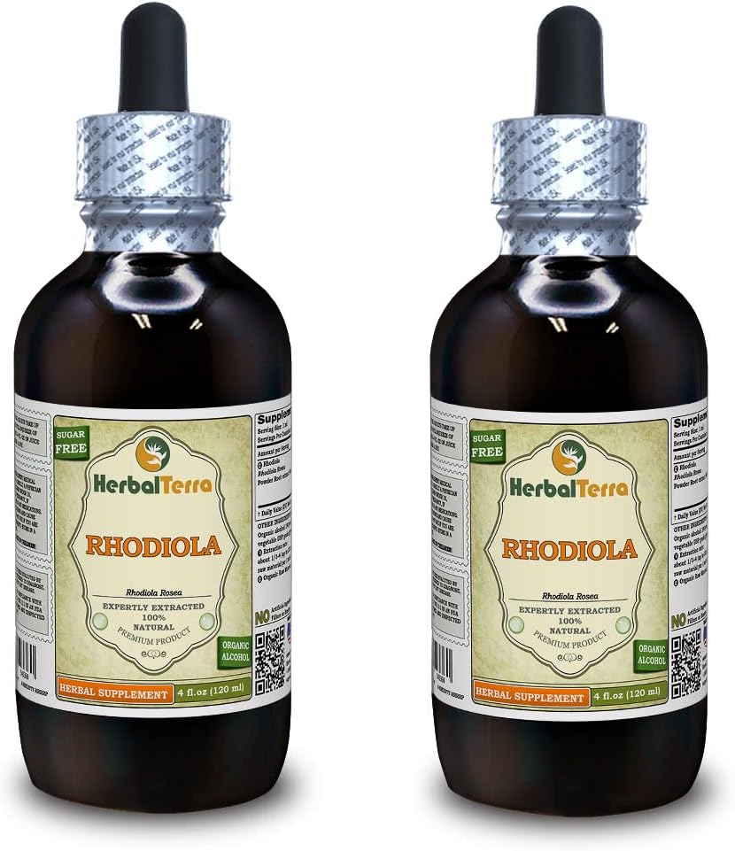 Rhodiola (Rhodiola Rosea) Tintura, Botas orgánicas de secado Extracto líquido (Marca Marca: HerbalTerra, Proudly Made in USA) 2x4 fl.oz (2x120 ml)
