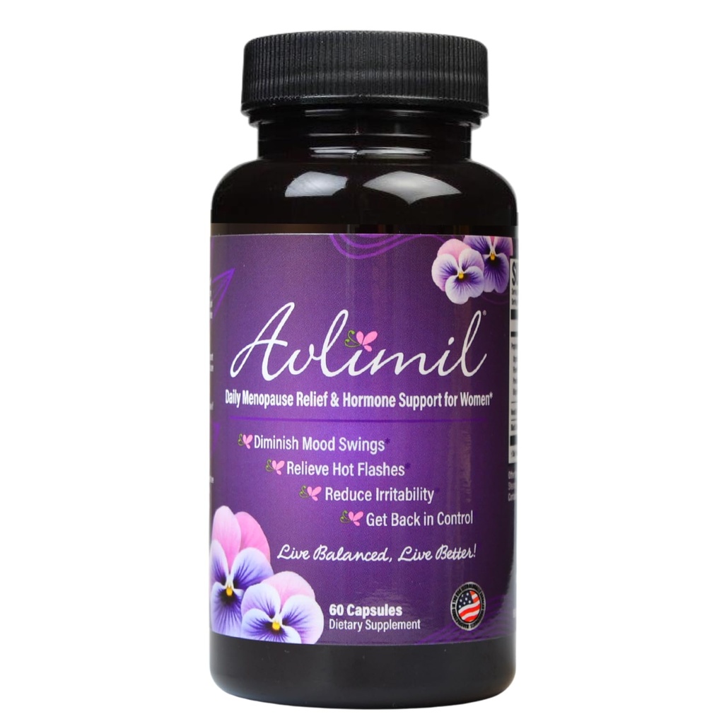 Avlimil® Hormone Balance " Menopause Support ← Mood Swings, Hot Flashes, Night Sweats and Irritability - Isoflavones, Black Cohosh, Raspberry, Valerian, Sage, Red Clover, Lemon Balm - 1-Mes