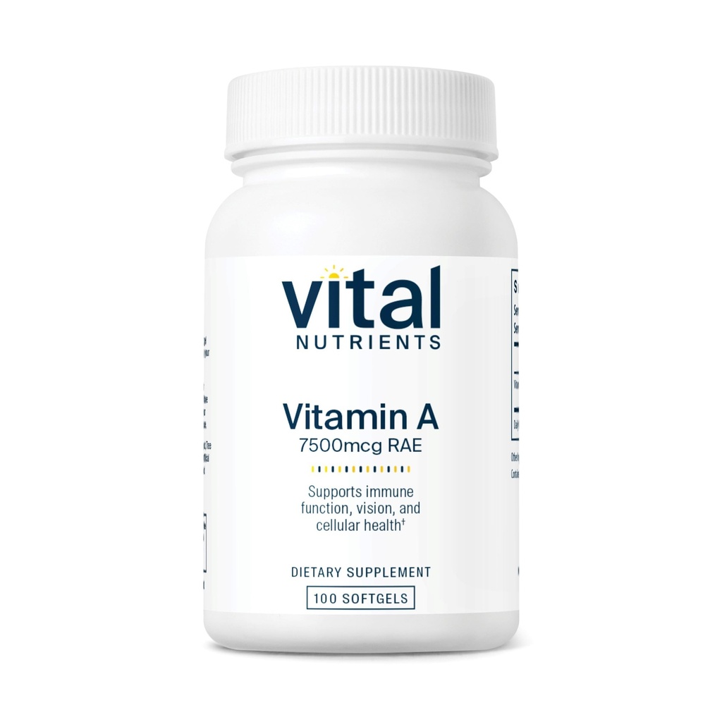 Nutrientes Vitales Vitamina A 7500mcg RAE ← Vitamina A Suplemento para la Función Inmunitaria, Visión, Esquí y Salud Celular TEN Gluten, Lácteos, Soy Gratis ANTE NO-OMM ANTE 100 cápsulas