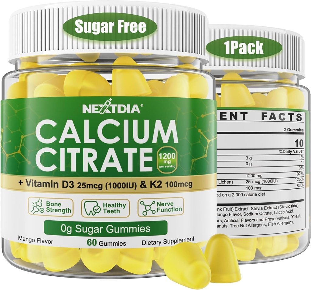 Calcium Citrate Gummies 1200mg con vitamina D3 K2, Suplementos de Calcio Chewable para Mujeres &amp; Hombres, Alto Potency Support B0ne, Te*th, Strength &amp; Immune Health, Mango Flavor, Non-GMO, Sugar Free, 60 Cts