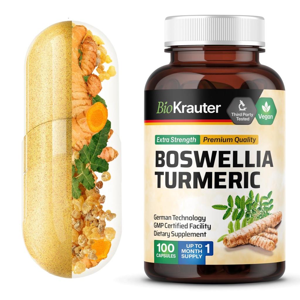 BIO KRAUTER Turmeric Suplemento con Boswellia Extract Capsules - 2000 mg Blend - 100 Conde - Vegan Boswellia Turmeric (Curcumin) - Fórmula w/Black Pepper