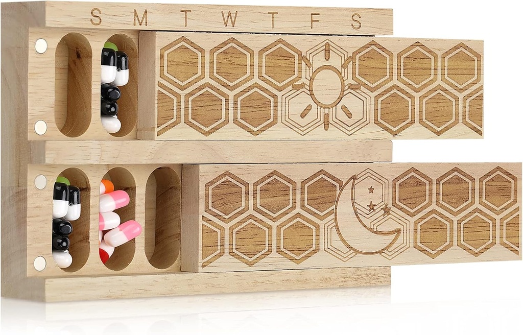 Chengu Wood 7 días organizador semanal de píldoras Caja de Contenedor de Pill de Madera para Píldoras de Petróleo de Vitamina Suplementos, Artritis Friendly, Viajes al aire libre