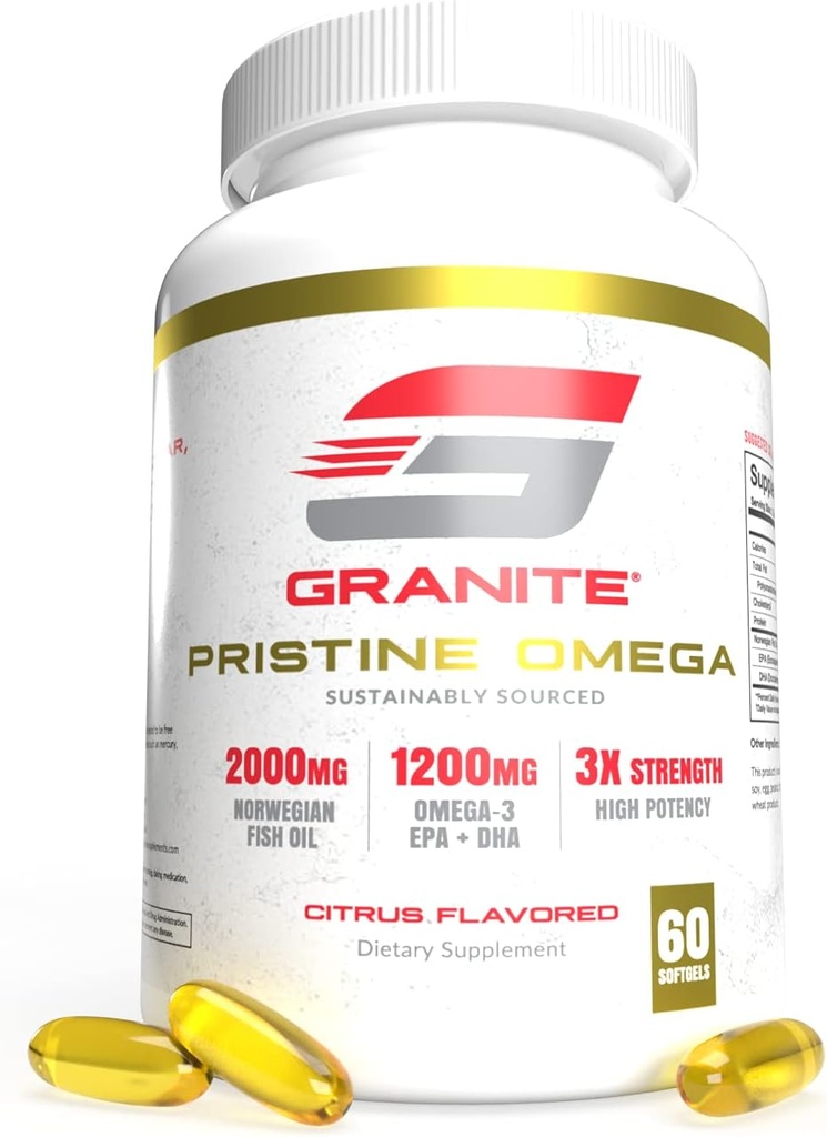 Granite Pristine Omega-3 Suplemento, 2000mg Norwegian Fish Oil Suplementos con EPA & DHA, Supports Joint, Heart, Brain, " Mood, Sosteniblemente Fuented, Purity Tested (60 Softgels)