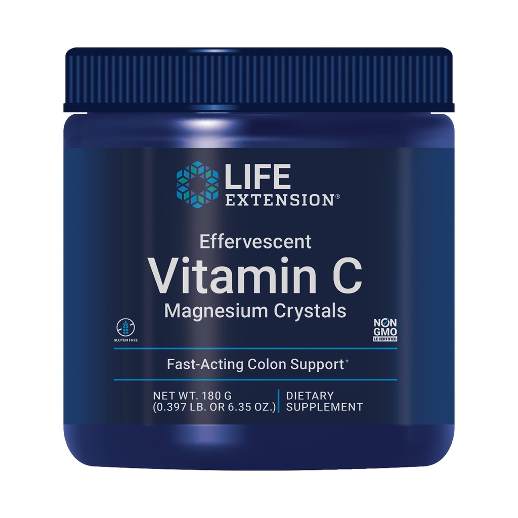 Extensión de vida Effervescent Vitamin C Magnesium Crystals, Alivio inmediato del estreñimiento ocasional, libre de gluten, no GMO, Vegetariano, Net Wt. 180 Grams