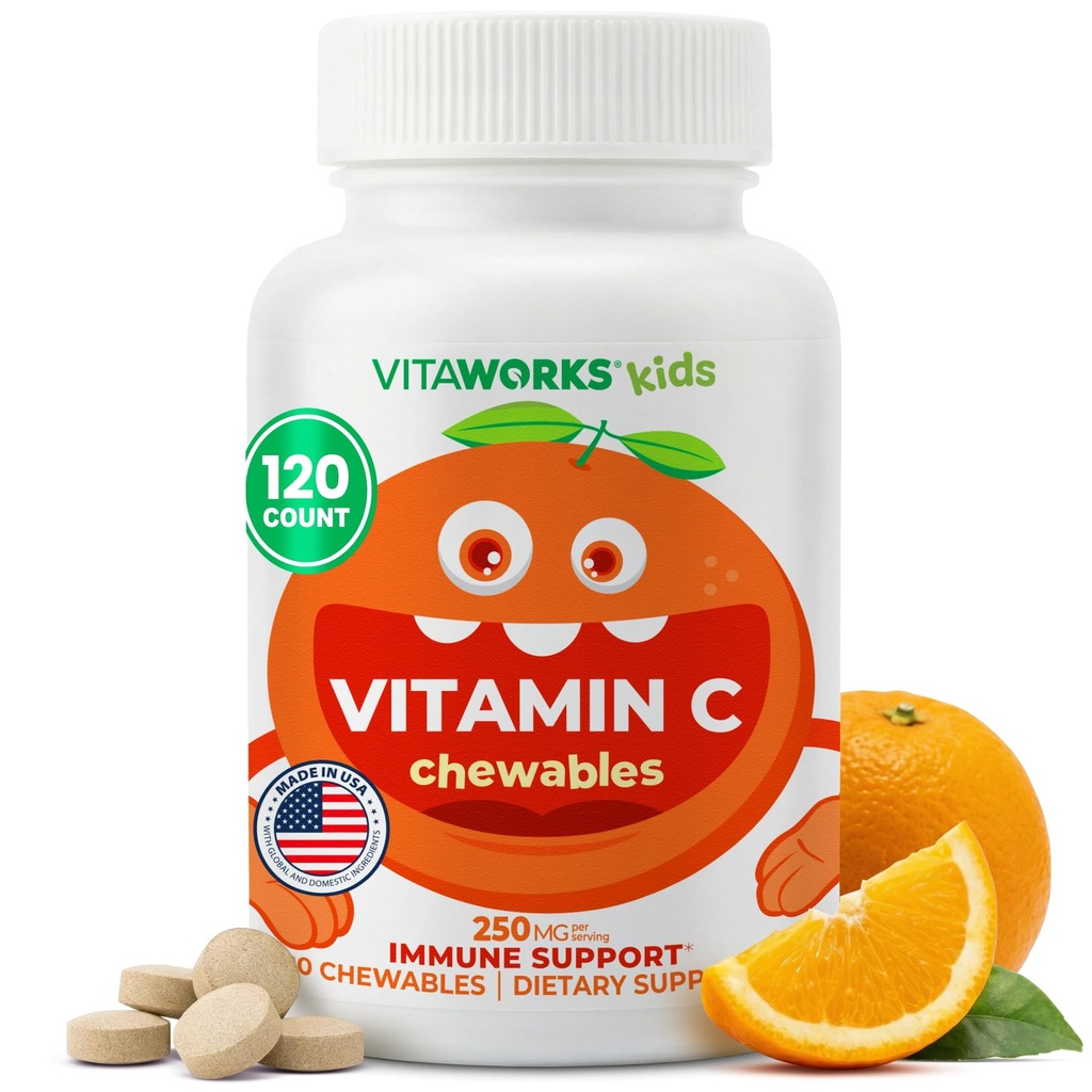 Niños Vitamina C Tablas de Chewable 250mg - Vegan, GMO-Free, Vitaminas Gratuitas Nut - Suplemento dietético para el soporte de inmunológico - para niños - 120 Chewables
