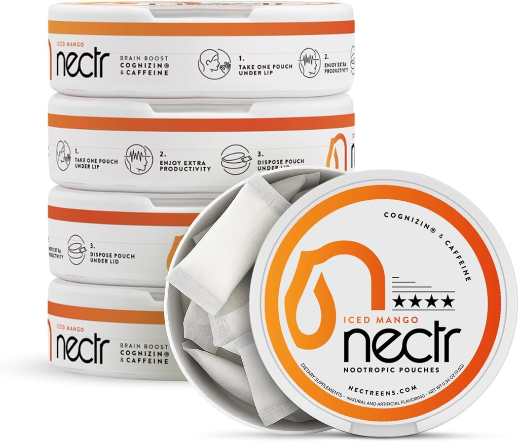 Nectr Energy Nootropic Pouches – Iced Mango Flavored, Caffeine Pouches with Cognizin® Citicoline. Treats cerebrales libres de azúcar. Smooth, Sustained Focus & Energy Supplement - 5 Pucks of 16pcs