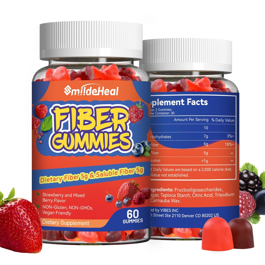 Fiber Gummies, Fibra dietética, para Mujeres y Hombres, Gut Health Support, Non-GMOs, Non-Gluten, Vegan, Berry mixed y Strawberry Flavor, 120 Conde Gummies