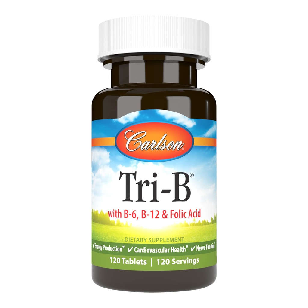 Carlson - Tri-B, Complejo de vitamina B, 25 mg Vitamina B-6, 400 mcg Vitamina B-12, Píldoras de energía ácido fólico, promover la salud cardiovascular, vitaminas complejas B, Suplemento B12, Complejo de vitamina B, 120 Tabletas