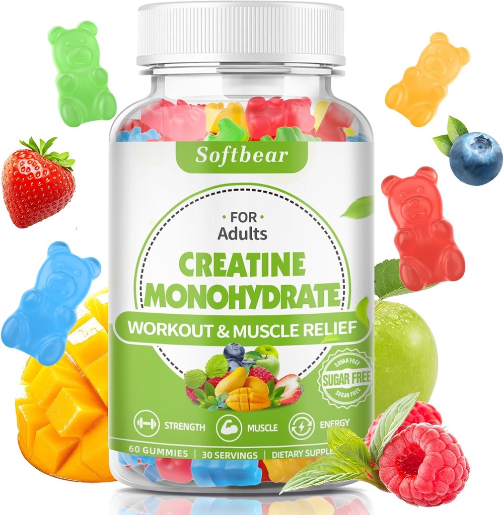 softbear 5000mg Critina Monohydrate Gummies for Hombre Mujeres, Vegan Creatine HCL Suplemento Pre Workout Gummies for Muscle Builder Strength Mixed Flavor 60 Con