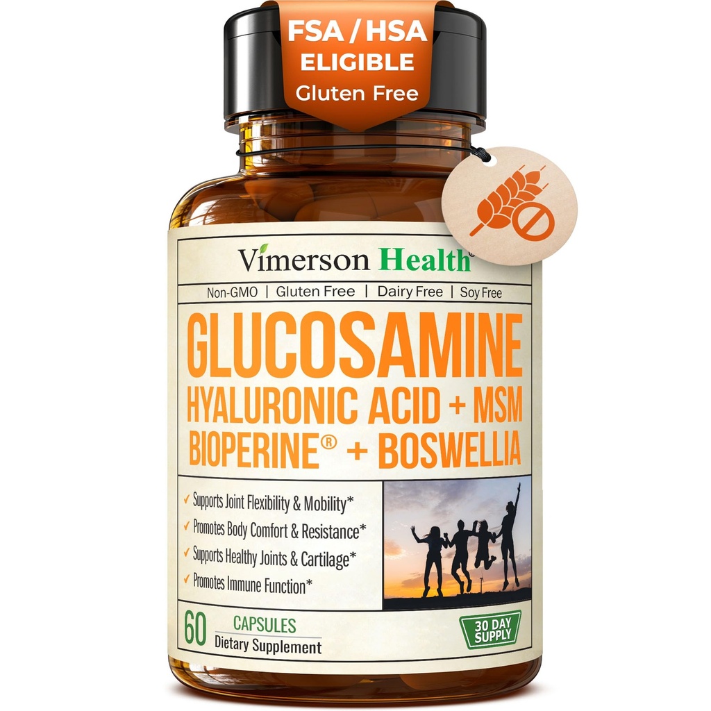Sulfato de Glucosamina con ácido hialurónico, Boswellia, Black Pepper & MSM Suplemento – 5-en-1 Suplementos Conjuntos para Hombres y Mujeres – Salud Conjunta, Movilidad & Bone Strength – FSA Eligible 60 Caps