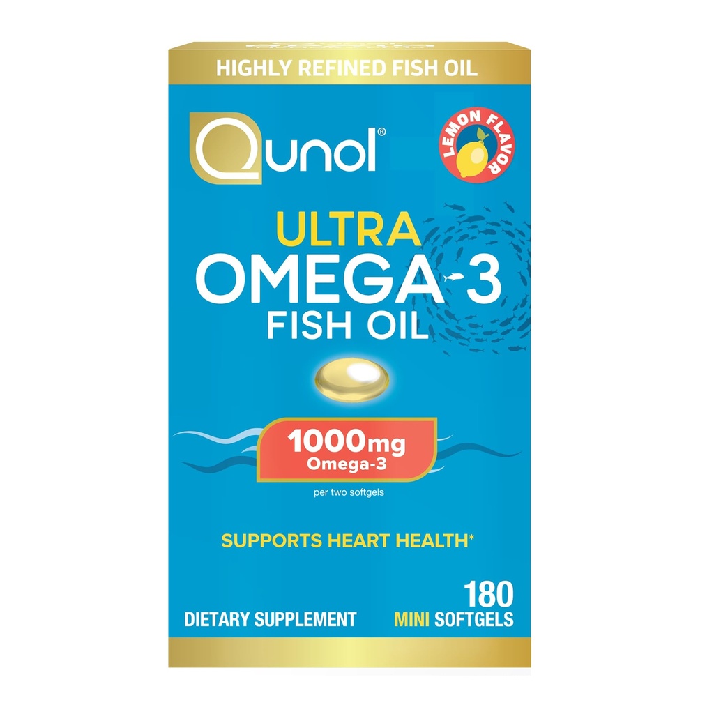 Qunol Fish Oil Omega 3 Mini Softgels, 1000mg Omega 3 EPA + DHA, Ultra Pure Suplementos, Heart Health Support, Lemon Flavor, Easy to Swallow Minis, 3 Month Supply, 180 Cuenta