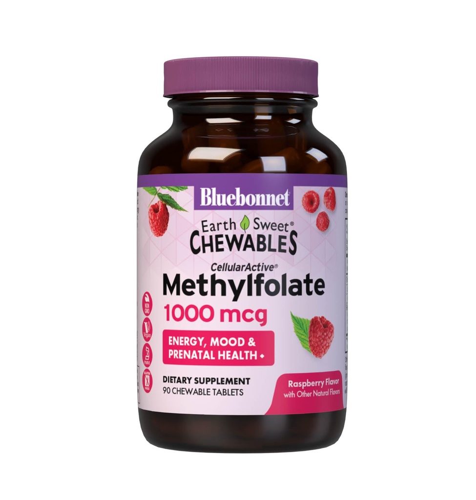 Bluebonnet EarthSweet Methylfolate 1000 mcg Celular Active Coenzyme 5-MTHF L Methyl Folate Supplement - Prenatal & Energy Support - Non-GMO, Vegan, Gluten-Free - Raspberry - 90 Chewable Tablets