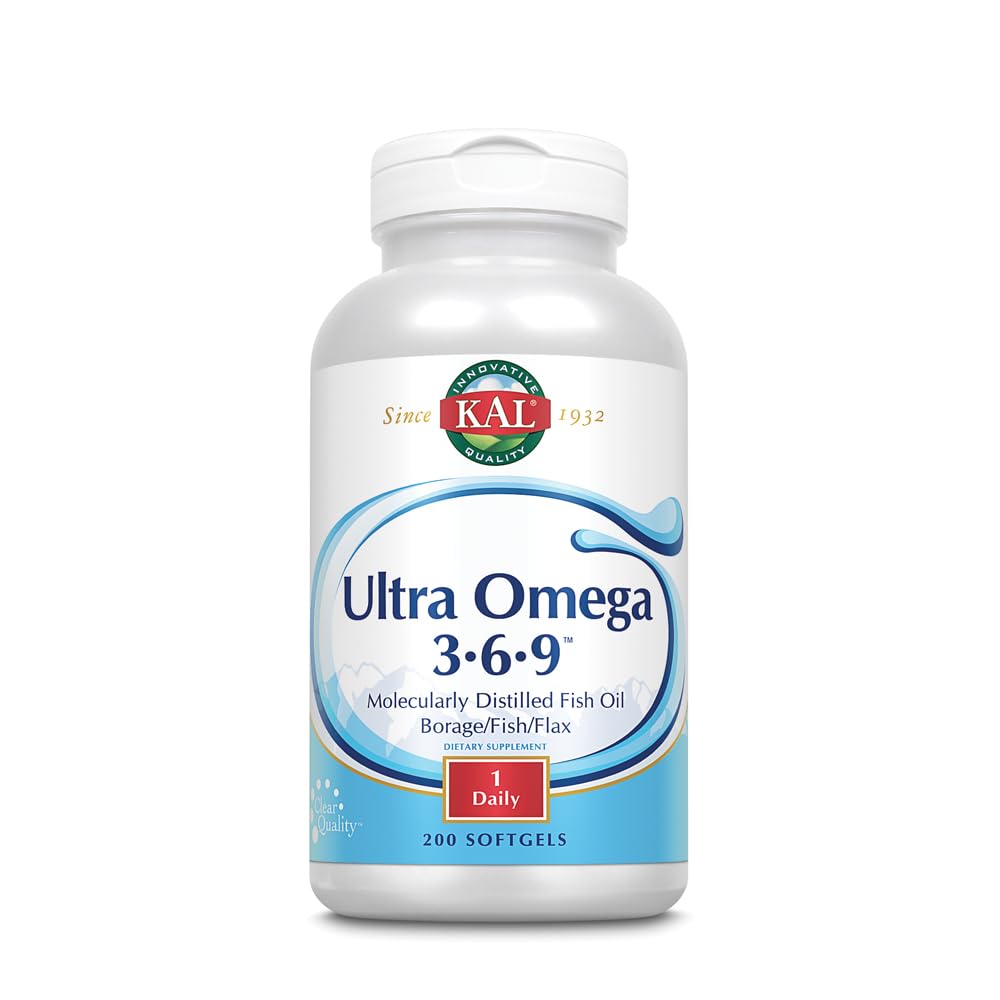 KAL Ultra Omega 3-6-9 1200mg ← Fish Oil w/Cold Pressed Flaxseed & Borage Oil ← Skin, Hair, Heart, Memory  200 Softgels