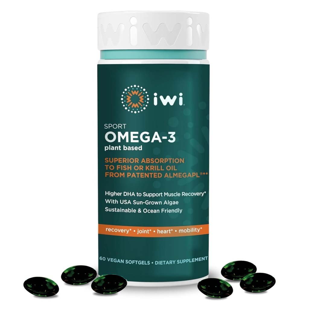 Iwi Omega-3 Sport, 60 Softgels (30 Servings), Alga Vegana de base vegetal Omega 3 con DHA, recuperación de ejercicios Suplemento dietético, Krill " Fish Oil Alternative, No Fishy Aftertaste