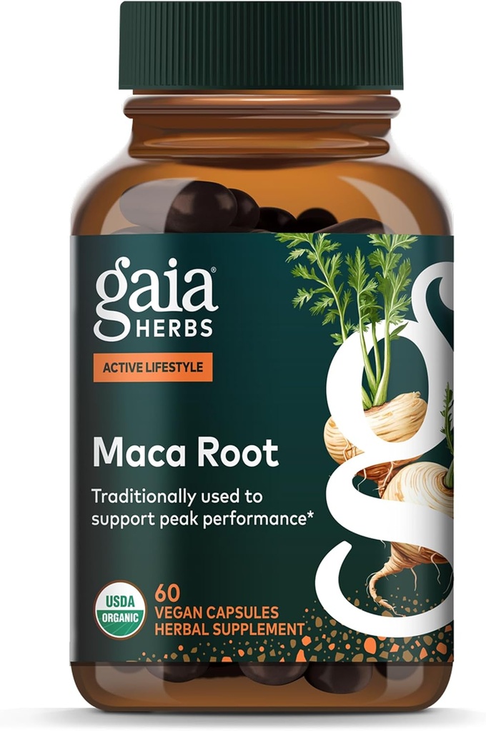 Gaia Herbs Maca Root - Suplemento de Energía Natural Libre de Caffeine - Soportes y Mantiene Energías saludables y resistencia - Hecho con Maca Root Orgánico (Lepidium meyenii) - 60 cápsulas Vegan (30-Day Supply)
