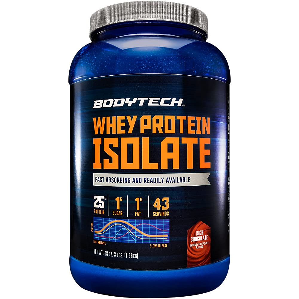 BODYTECH Whey Protein Isolate Powder - Rich Chocolate Flavor - Premium Protein Suplemento para el Crecimiento y la Recuperación del Musculo - Baja Carb y Alta Proteína Fórmula para el Rendimiento (3 libras/ 43 Servimientos)
