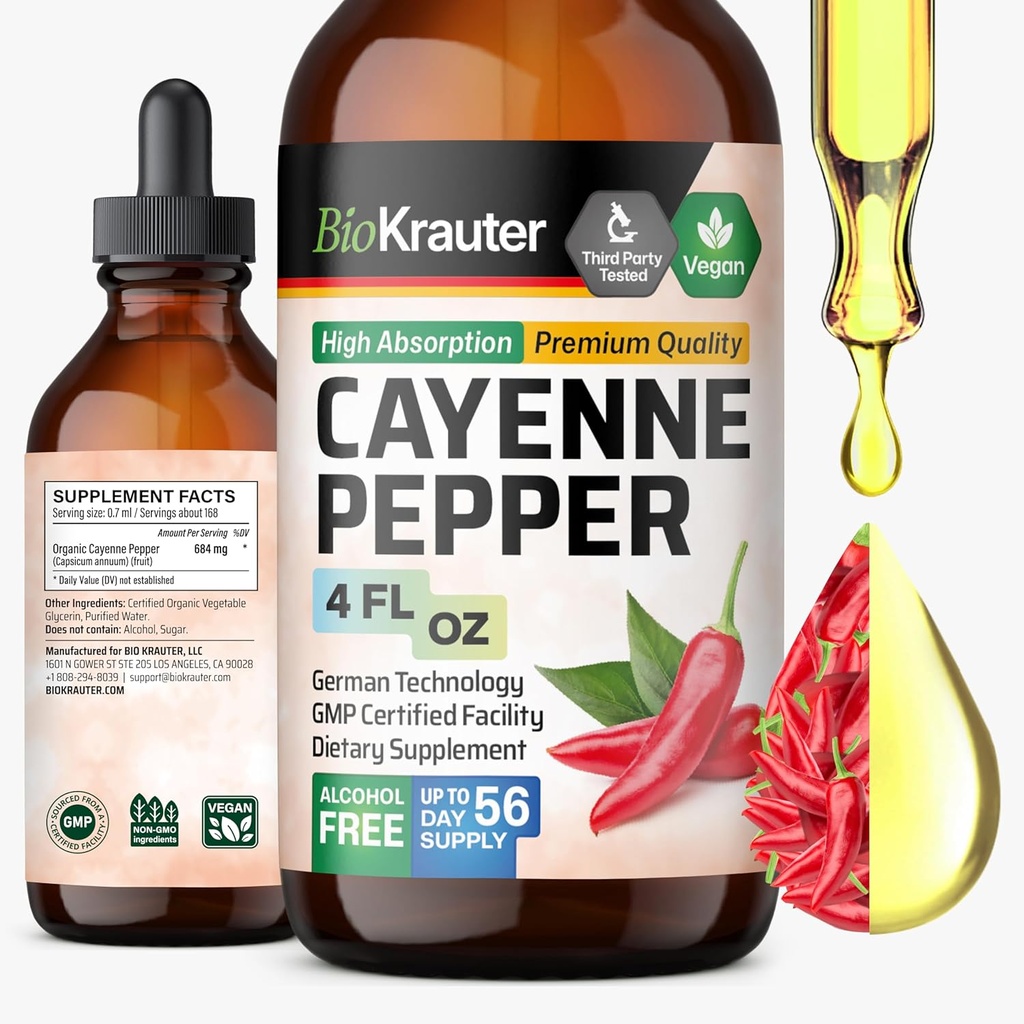 BIO KRAUTER Cayenne Pepper Extracto líquido - Extracto de Capsaicina Pura - gotas de cayena líquido para soporte digestivo - Azúcar & Alcohol Gratis 4 Fl.Oz.