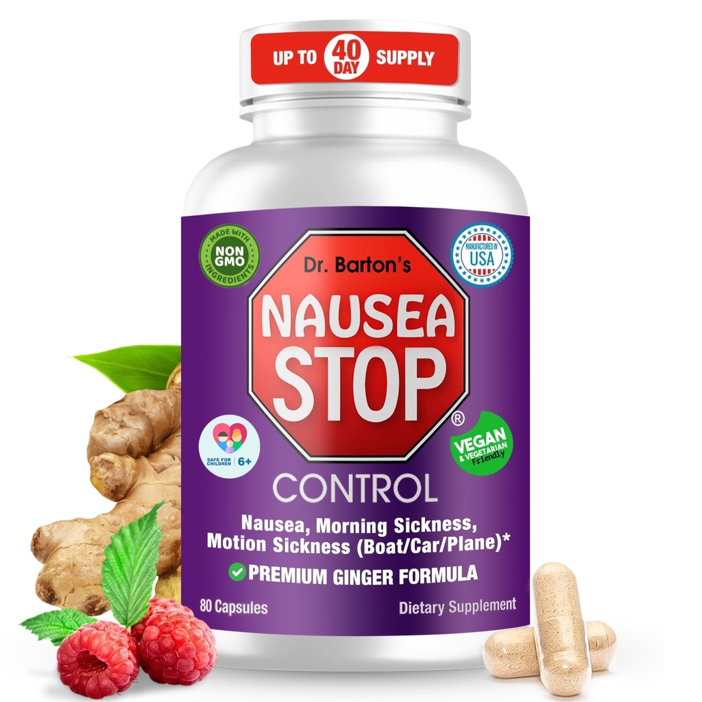 Parada de Nausea del Dr. Barton - Ginger natural, Píldoras de Alivio de la Nausea para Adultos &amp; Niños, Anti Nausea, Upset Stomach, Enfermedad matinal & Embarazo Nausea - Esenciales de viaje - 80 cápsulas (1 Pack)